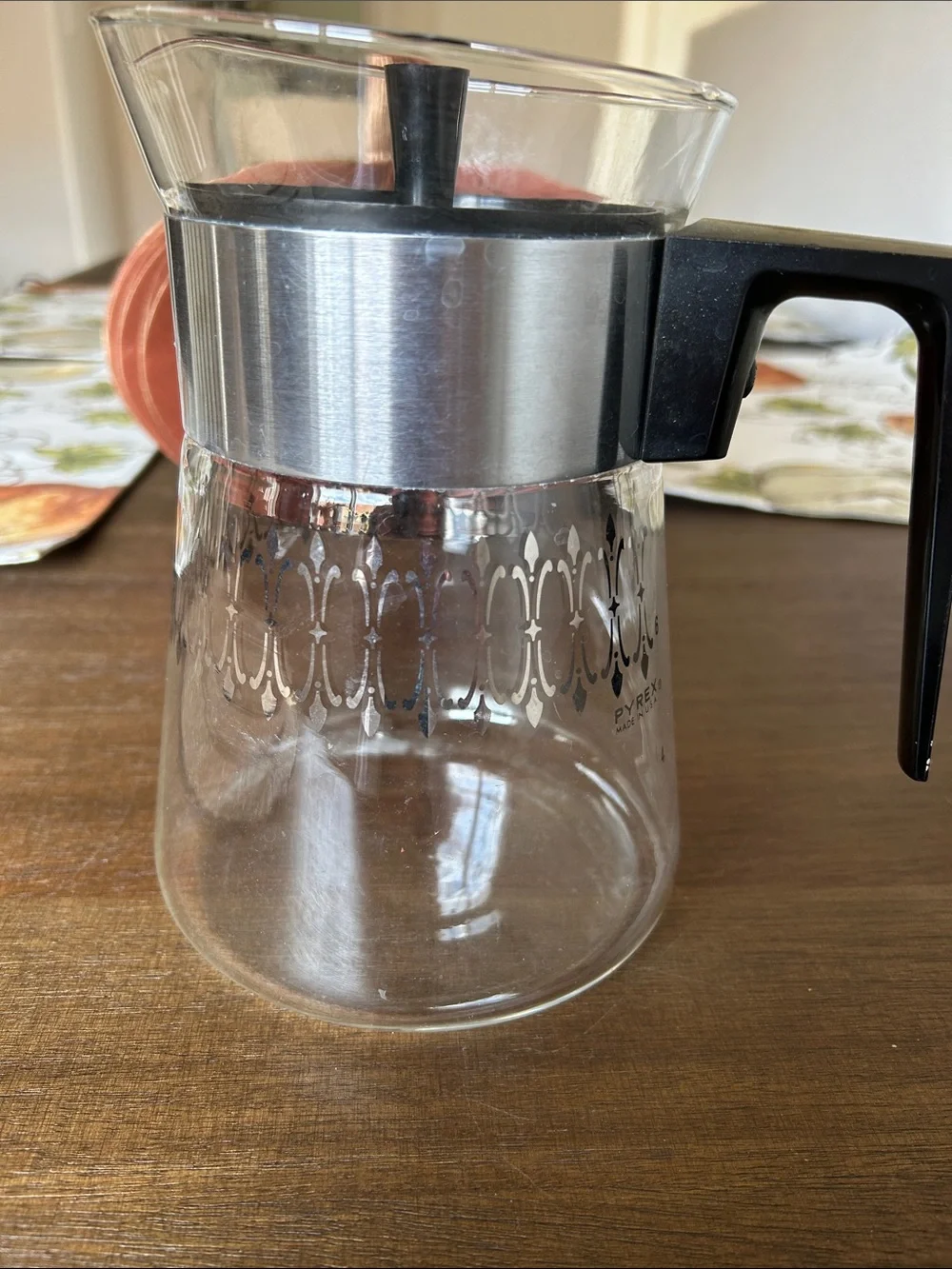 Pyrex MCM vintage Clear Glass Coffee Server with Black Handle and Silver Band